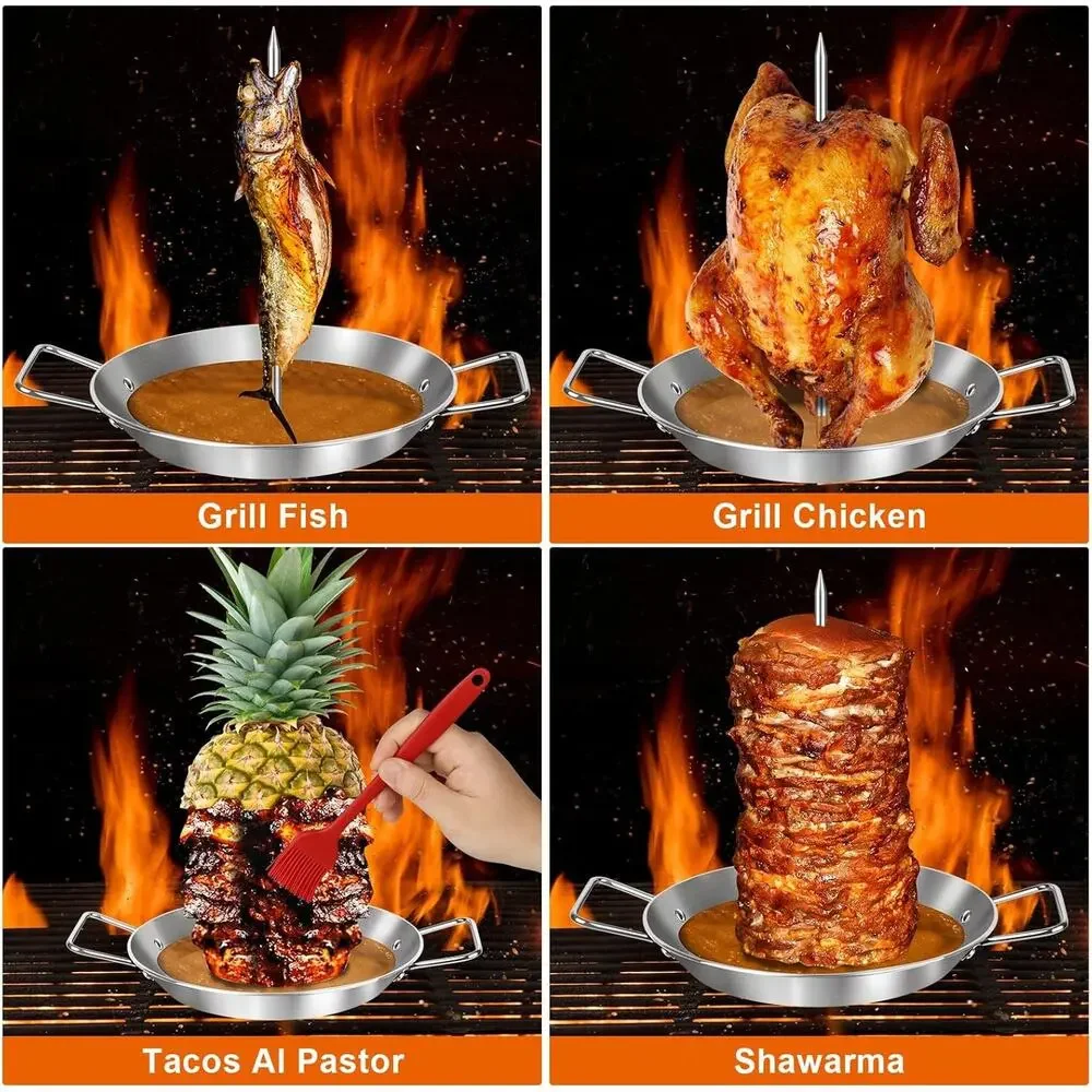 Grill Skewer, XL 13 Inch Pan, Fat Separator, Spit Stand, 5 Spikes & 2 Brushes